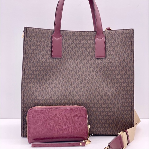 Michael Kors Kenly Large Logo Tote Shoulder Bag and Wallet Set Merlot - Picture 3 of 11